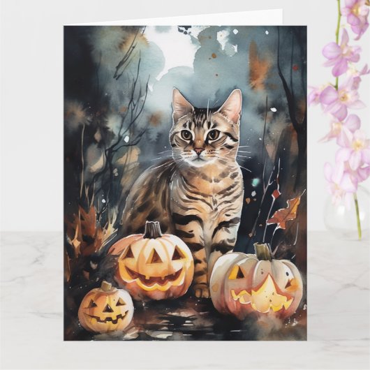 Halloween Bengalische Katze mit Pumpkins Beängstig Karte (Orchidee)