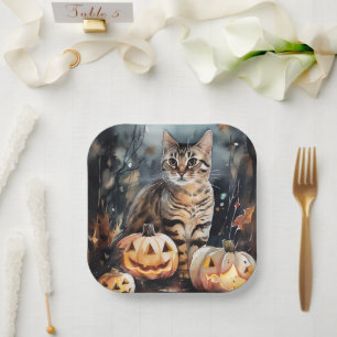 Halloween Bengalische Katze mit Pumpkins Beängstig Pappteller