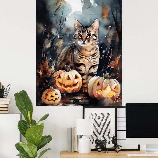 Halloween Bengalische Katze mit Pumpkins Beängstig Poster (Heimbüro)