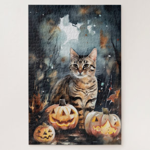 Halloween Bengalische Katze mit Pumpkins Beängstig Puzzle