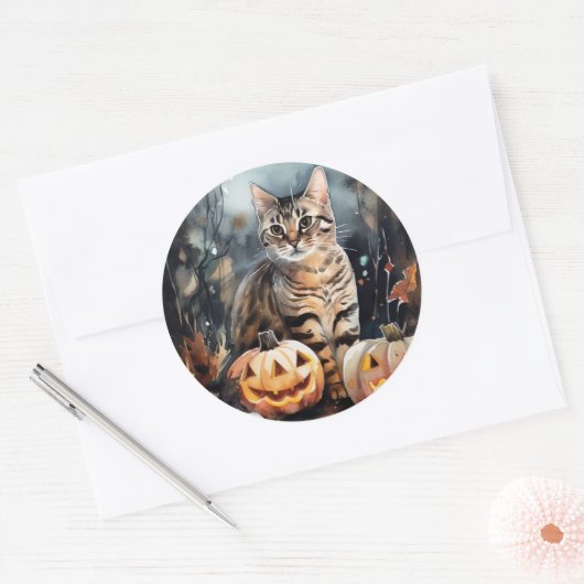Halloween Bengalische Katze mit Pumpkins Beängstig Runder Aufkleber (Umschlag)