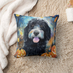 Halloween Bernedoodle mit Kürbissen Gruselig Kissen