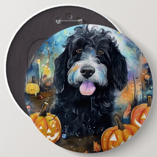 Halloween Bernedoodle mit Pumpkins Beängstigend Button (Vorne & Hinten)