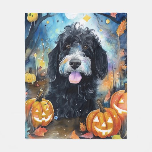 Halloween Bernedoodle mit Pumpkins Beängstigend Fleecedecke (Vorderseite)