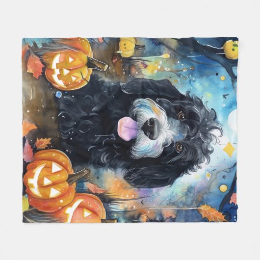 Halloween Bernedoodle mit Pumpkins Beängstigend Fleecedecke (Vorderseite (Horizontal))