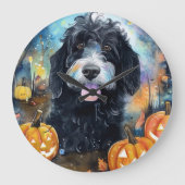 Halloween Bernedoodle mit Pumpkins Beängstigend Große Wanduhr (Vorderseite)
