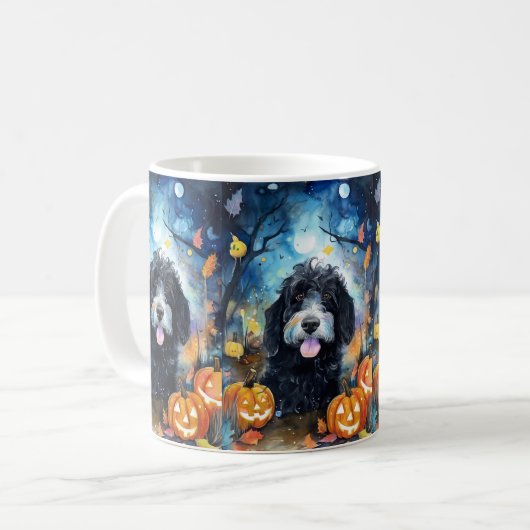 Halloween Bernedoodle mit Pumpkins Beängstigend Kaffeetasse (Vorderseite Links)