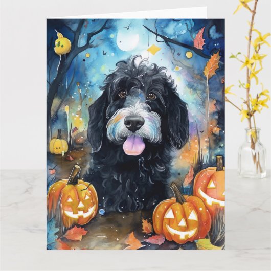 Halloween Bernedoodle mit Pumpkins Beängstigend Karte (Gelbe Blume)