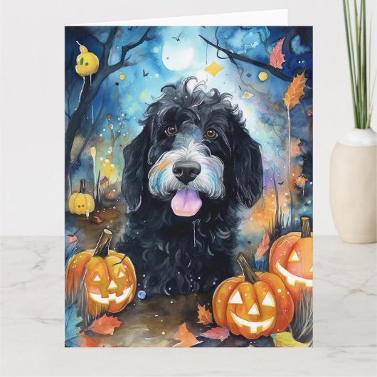 Halloween Bernedoodle mit Pumpkins Beängstigend Karte (Vorderseite)