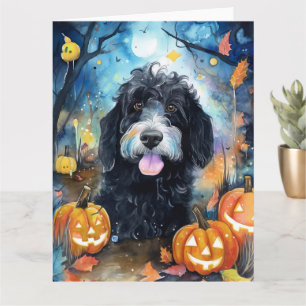 Halloween Bernedoodle mit Pumpkins Beängstigend Karte