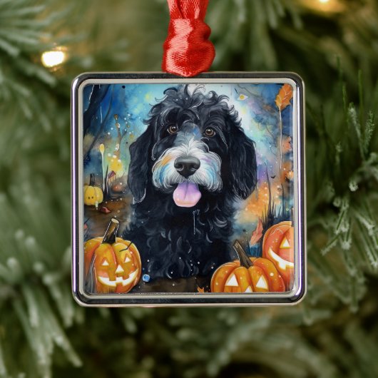 Halloween Bernedoodle mit Pumpkins Beängstigend Ornament Aus Metall (Baum)
