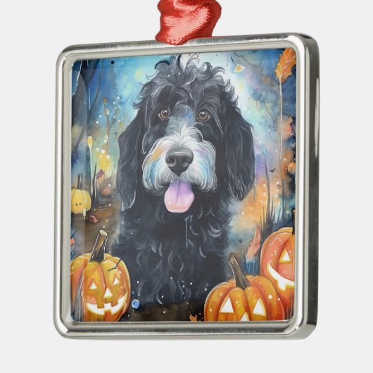 Halloween Bernedoodle mit Pumpkins Beängstigend Ornament Aus Metall (Links)