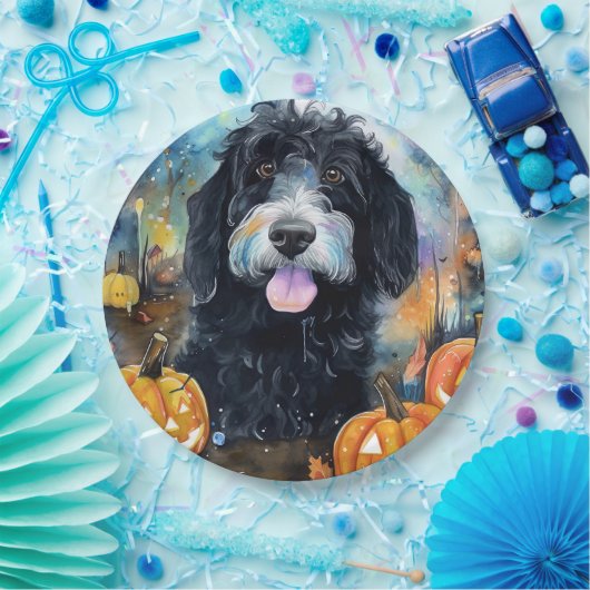 Halloween Bernedoodle mit Pumpkins Beängstigend Pappteller (Party)