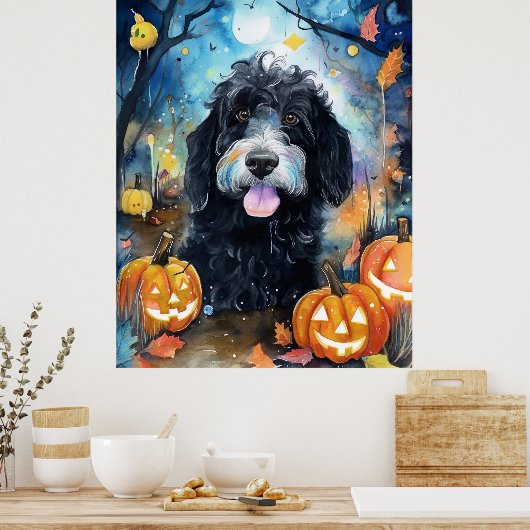 Halloween Bernedoodle mit Pumpkins Beängstigend Poster (Küche)