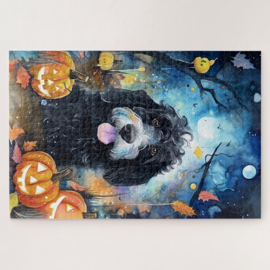 Halloween Bernedoodle mit Pumpkins Beängstigend Puzzle (Horizontal)