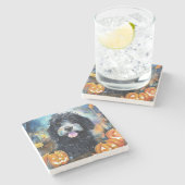 Halloween Bernedoodle mit Pumpkins Beängstigend Steinuntersetzer (Seitenansicht)