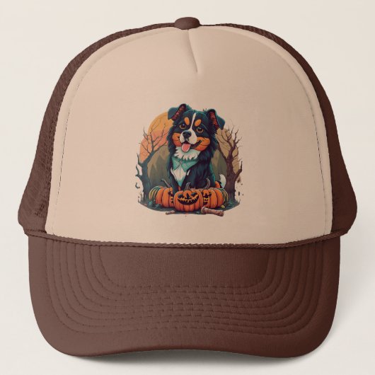 Halloween Berner Hund mit Pumpkin Truckerkappe (Vorderseite)