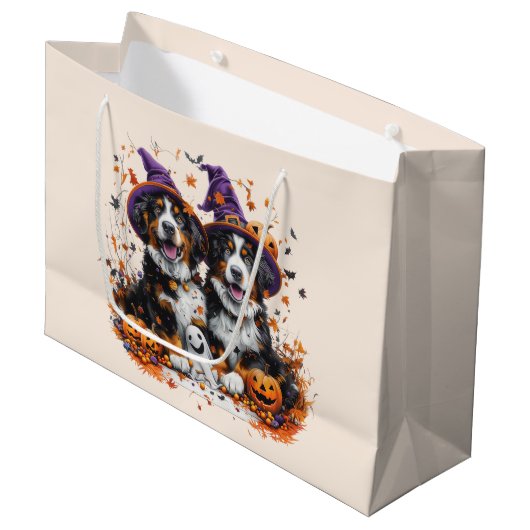 Halloween Bernese Mountain Hogs Hexenghost Große Geschenktüte (Vorderseite Schrägansicht)