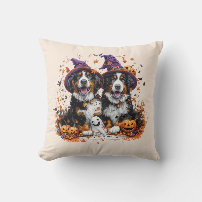 Halloween Bernese Mountain Hogs Hexenghost Kissen (Vorderseite)
