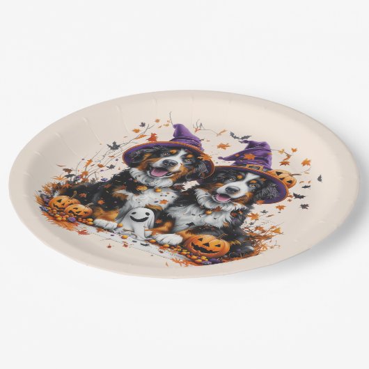 Halloween Bernese Mountain Hogs Hexenghost Pappteller (Schrägansicht)