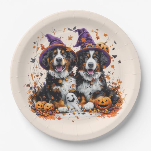 Halloween Bernese Mountain Hogs Hexenghost Pappteller (Vorderseite)