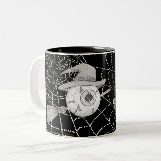 Halloween-Besen, beängstigender Augapfel, Spinnenn Zweifarbige Tasse (Vorderseite Links)