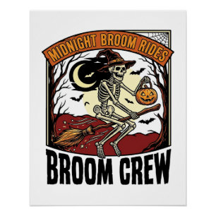 Halloween Besenfahrten Vintage-Skelett Hexe Grafik Poster