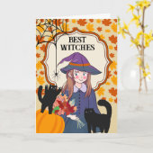 Halloween Beste Hexen mit Katzen und Spider Karte (Gelbe Blume)