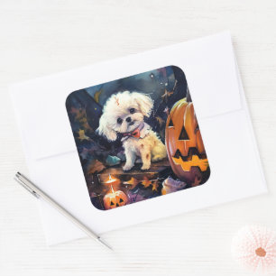 Halloween Bichon Frise mit Kürbissen Gruselig Quadratischer Aufkleber