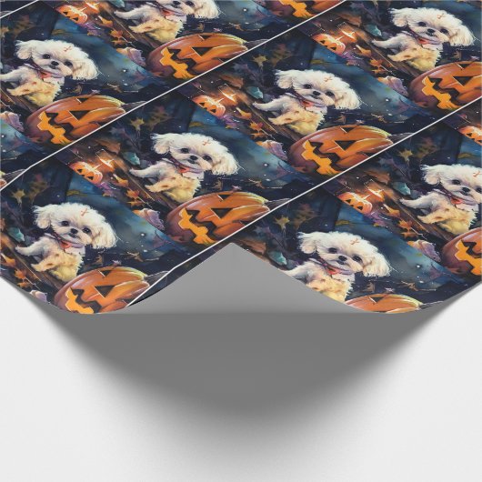 Halloween Bichon Frise mit Pumpkins Beängstigend Geschenkpapier (Ecke)
