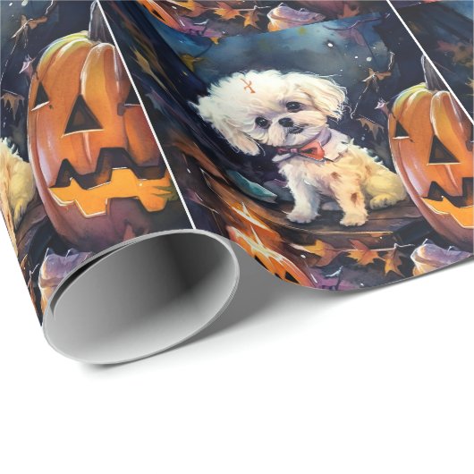 Halloween Bichon Frise mit Pumpkins Beängstigend Geschenkpapier (Rolleneckpunkt)