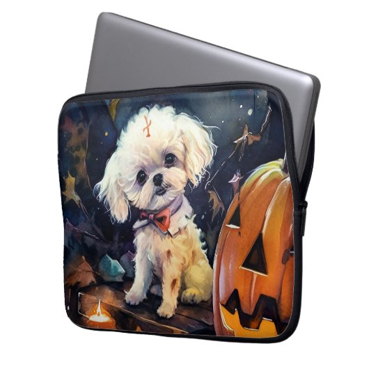 Halloween Bichon Frise mit Pumpkins Beängstigend Laptopschutzhülle (Vorderseite Links)