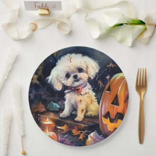 Halloween Bichon Frise mit Pumpkins Beängstigend Pappteller