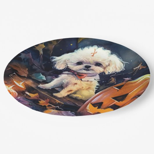 Halloween Bichon Frise mit Pumpkins Beängstigend Pappteller (Schrägansicht)