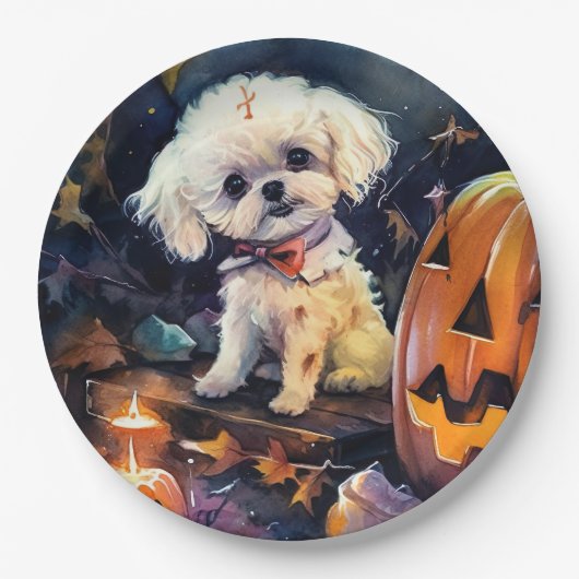Halloween Bichon Frise mit Pumpkins Beängstigend Pappteller (Vorderseite)