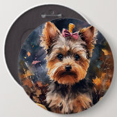 Halloween Biewer Terrier mit Pumpkins Beängstigend Button (Vorne & Hinten)