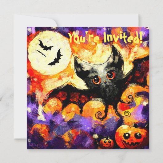 Halloween Big-Eye Bat Moon Jack-o-Lantern Bats Einladung (Vorderseite)