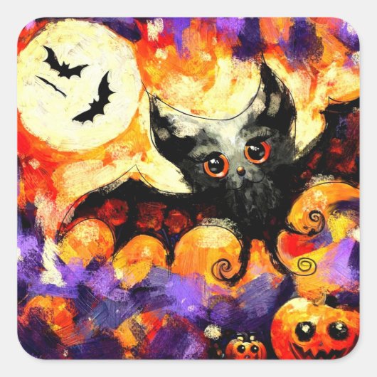 Halloween Big-Eye Bat Moon Jack-o-Lantern Bats Quadratischer Aufkleber (Vorderseite)