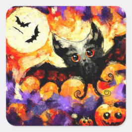 Halloween Big-Eye Bat Moon Jack-o-Lantern Bats Quadratischer Aufkleber