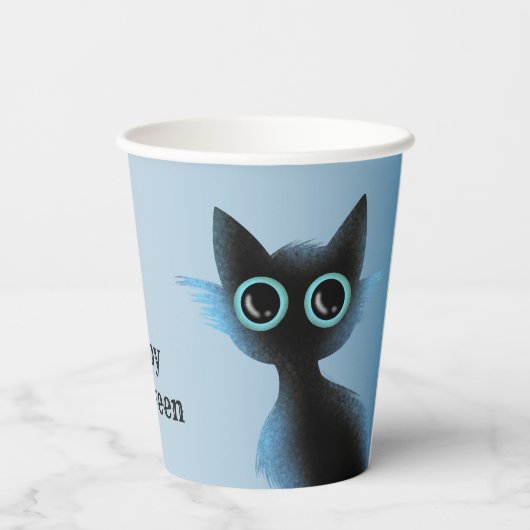 Halloween Big Eyes Black Blue Evil Cat Pappbecher (Rückseite)