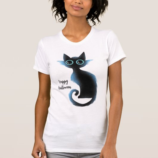 Halloween Big Eyes Black Blue Evil Cat T-Shirt (Vorderseite)