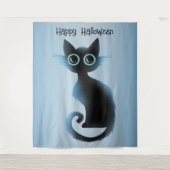 Halloween Big Eyes Black Blue Evil Cat Wandteppich (Vorderseite)