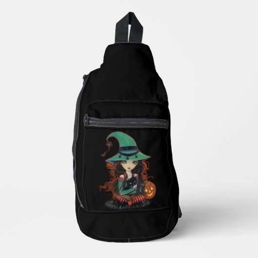 Halloween Big Mit Augen Hexe mit Black Cat Crossbody Bag (Vorderseite)