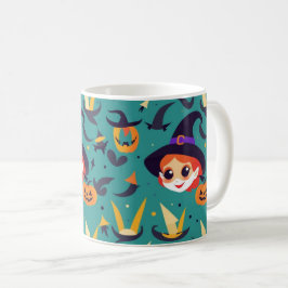 Halloween-Bild mit einem fröhlichen Hexengesicht Kaffeetasse