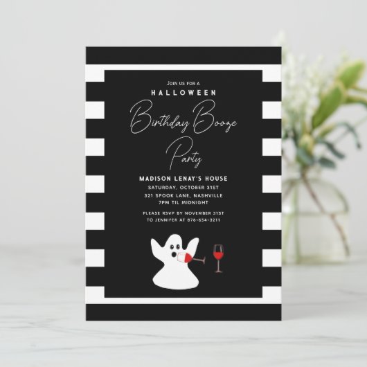 Halloween Birthday Booze Party Funny Ghost Einladung (Stehend Vorderseite)