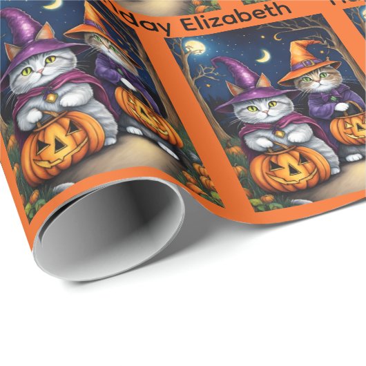 Halloween Birthday Personalize Name Cat Hexen Geschenkpapier (Rolleneckpunkt)