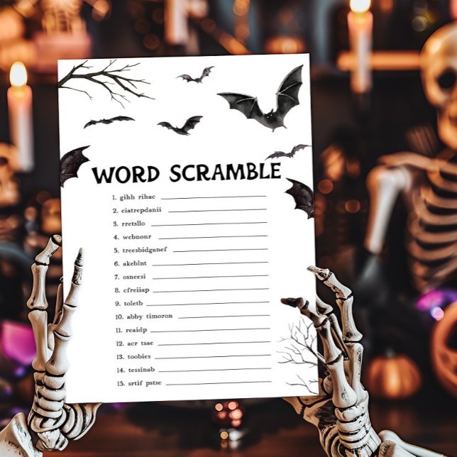 Halloween Black and White Bats Word Scramble Spiel (Black and White Bats Baby Shower Word Scramble Game)