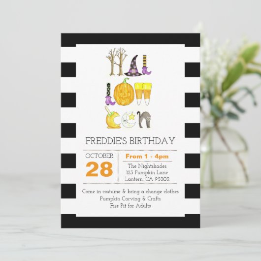 Halloween Black and White Geburtstag Einladung (Stehend Vorderseite)