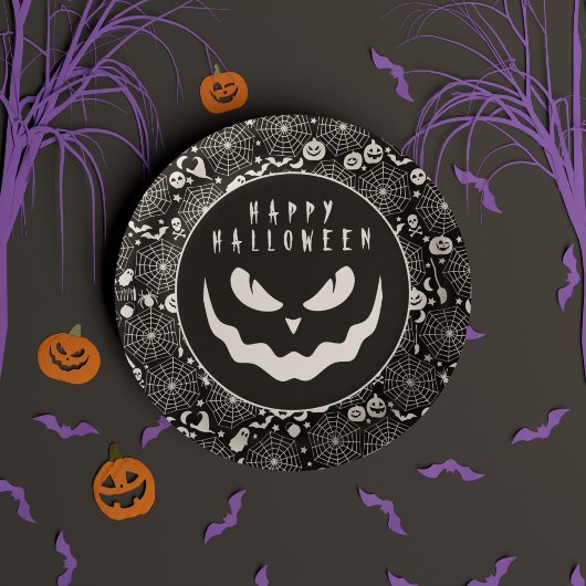 Halloween Black and White Pumpkin Creepace Pappteller