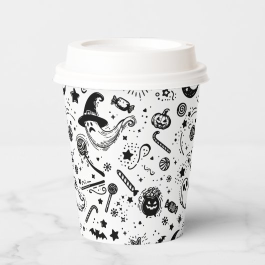 Halloween Black and White Spooky Lineart Geburtsta Pappbecher (Vorderseite)